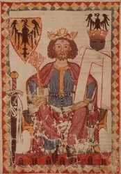 FRÖKEN. Kompis. bakterie. 848 King Henry, illustration från Manesse Codex, en samling höviska kärlekssånger, troligen från Zürich, ca 1300-20