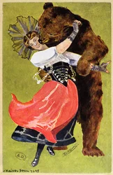 Vykort från Bern föreställande en kvinna och en björn, ca 1900