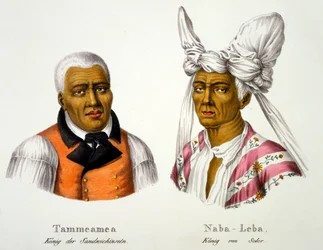 Tamara, King of the Sandwich Islands, i europeisk klädsel med Naba-Leba, King of Solar, i inhemsk huvudbonad och europeisk klädsel, från Etnologisk studie av olika rastyper från olika kontinenter