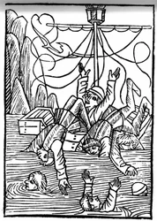 Legenden om Saint Brendan (Brandan), Heros och Irish Saint of the 6th century Skepp sjunker i Cleves Sea. Gravyr av "" Die Wunderbare Meerfahrt des Hl. Brandan.” Bal