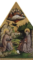 Den mirakuløse fodring af Saint Anthony og Saint Paul Eremiten (blandet medier på træ) swed
