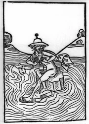 Legenden om Saint Brendan (Brandan), hjältar och irländskt helgon från 600-talet: Mötet med Judas som lider av många plågor. Gravyr av "" Die Wunderbare Meerfahrt des Hl. Brandan.” Bal