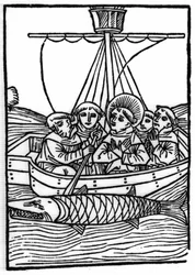 Legenden om Saint Brendan (Brandan), hjältar och irländskt helgon från 600-talet: Mötet med jättefisken Isconius. Gravyr av "" Die Wunderbare Meerfahrt des Hl. Brandan.” Bal