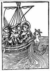 Legenden om Saint Brendan (Brandan), hjältar och irländskt helgon från 600-talet. St Brendans möte med Sirene. Gravyr av "" Die Wunderbare Meerfahrt des Hl. Brandan.” Bal