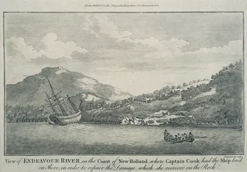 Kapten Cook, efter att ha blivit skeppsbruten på sin resa runt jorden, har Endeavour reparerad i en hamn på en av Hope Islands, ca 1786 (gravyr)