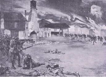 Gatustrider på den fransk-tyska gränsen: En fransk attack mot den preussiska gardet, från History of the Great War Vol 3 publicerad av Waverley Book Co Limited, ca 1920