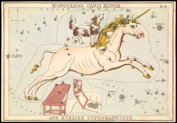 Monoceros, Canis Minor och Atelier Typographique, ca 1825 (kort, papper, silkesvävnad)