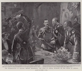 Överste Hector MacDonald, hertigen av Atholl, som överlämnar hederssvärdet till överste Hector MacDonald.