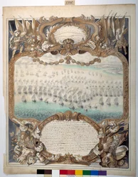 Sjöstrid ges nära Agouste, 22 april 1676 (svart bläck & kartläggningspenna med akvarell på papper)