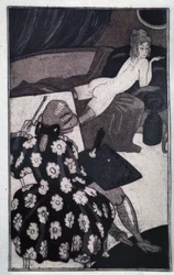 Erotik: Giacomo Casanova (1725-1798) porträtterar sin långsträckta älskarinna smäktande naken på en soffa (etsning)