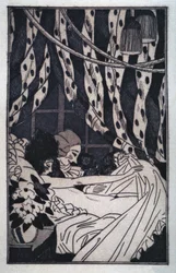 Erotik: Giacomo Casanova (1725-1798) höjer lakanen för att begrunda sin nakna älskarinna, tidigt 1900-tal (etsning)