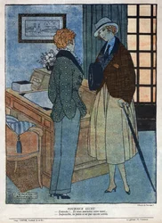 Illustration av en scen av teaterstycket "" Elles tirera"" av Andre Birabeau (1890-1974) och Marcel Hervieu i "" La baionnette""" nummer 124 den 15 november