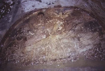Fresk föreställande en ängel över två figurer som ligger på marken, från Apodyterium, tidigt 800-tal (fresk)