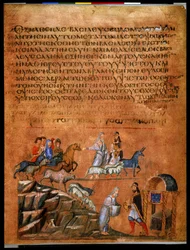 Hel sida: text och miniatyr: Abraham och Bera från Sodom (miniatyr på pergament)
