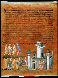 Helsida: text och miniatyr: Isak och Rebecka med filistéernas kung Abimelech i Gerar (miniatyr)