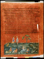 Helsida: text och miniatyr: Jakob och Laban delar upp hjordarna (miniatyr)