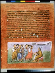 Helsida: text och miniatyr: Jakob skickar sina söner till Egypten igen (miniatyr)