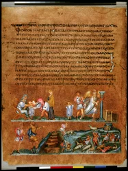 Helsida: text och miniatyr: Josef tar farväl av sina föräldrar och Benjamin (miniatyr)