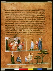 Helsida: text och miniatyr: Josef frestad av Potifars hustru (miniatyr)