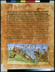 Helsida: text och miniatyr: Josefs bröders andra resa till Egypten (miniatyr)
