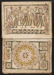 MS Hunter 40 f.2r, framsida föreställande Ahiqar, Platon, Galen och Aristoteles, och motstående sida, ur "The arrangement of bodies for treatment" av Ibn Jazla (penna  bläck och akvarell på papper)