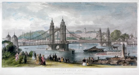 Utsikt över hängbron i Chelsea, London, 1852.