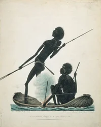 Infödda som fiskar i en barkkanot, 1819