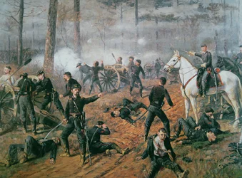 Kapten Hickenloopers batteri i bålgetingens bo vid slaget vid Shiloh, april 1862 (lito i färg)
