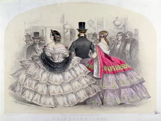 Damer som bär crinolines på Royal Italian Opera, Covent Garden, 1859 (färggravyr)