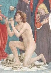 Detalj av det återuppväckta barnet, ur Teofilos sons uppväckelse och Sankt Petrus tronande som Antiokias förste biskop, ca 1427 och ca 1484-85 (detalj av 63302)