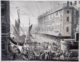 Billingsgate Market, graverad av J. Bluck (fl.1791-1819) (akvatint)