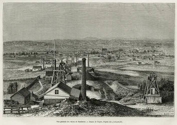Allmän bild av Sandhursts gruvor, gravering efter en teckning av Taylor, för att illustrera berättelsen sex månader i Australien, av Desire Charnay, uppdragsuppdrag av Ministry of Public Education, 1878, publicerad i tour du monde, under ledning