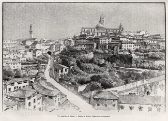 Översikt över Siena (Italien). Gravyr av Taylor för att illustrera historien "" A travers la Tuscane"" av Eugene Muntz (1845-1902), i Le tour du Monde 1892, regisserad av Edouard Charton (1807-1891), Hachette, Paris.
