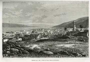 Allmän bild av Tiberiade (Israel). Taylors gravyr, för att illustrera historien om dagens Syrien, av M. Lortet, dekanus vid Medicinska fakulteten i Lyon, med ansvar för ett vetenskapligt uppdrag av ministeriet för offentlig utbildning, publicerad i Tour du