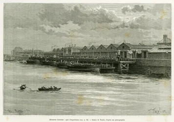 Guinness bryggeri, exportdocka. Gravyr av Taylor, för att illustrera historien Trois mois en Irlande, 1889, av Marie Anne de Bovet, i le tour du monde 1890, regisserad av Edouard Charton (1807-1890), Hachette, Paris.
