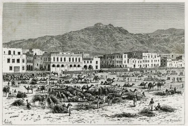 Marschen av Aden (Jemen). Taylors gravyr, för att illustrera berättelsen "" Resan till Benadir, Somalier och Bayoun "", 1882-1883, av M.G. Revoil. Publicerad i Le Tour du monde, nouveau journal des voyages