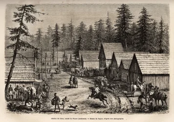 Stationen i Cisco, greve av Placer (Nevada), där man kan ta snabbtåget från Stillahavsjärnvägen (Pacific Railway), graverad efter Taylors teckning, som illustrerar resan från Washington till San Francisco 1868, av L. Simonin, publicerad i "L