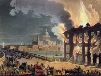 Brand vid Albion Mill, Blackfriars Bridge, från Ackermanns "Microcosm of London" c.1808-11 (akvatint)