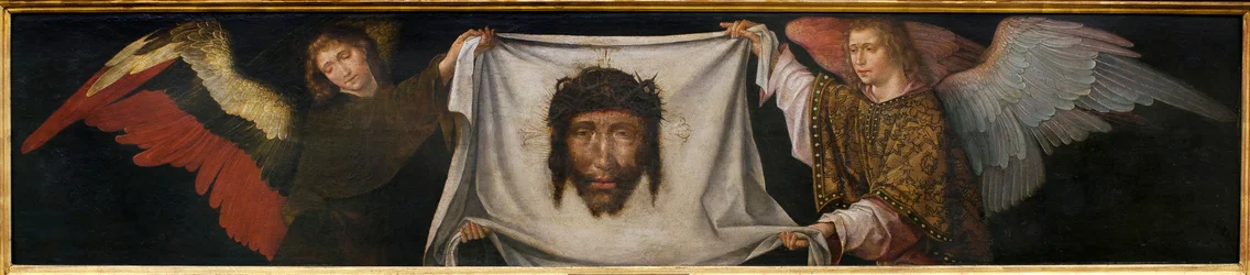 Änglar som bär det heliga höljet - Målning från Frere Carlos verkstad (flamländsk målare verksam mellan 1517-1544), olja på trä, ca 1520-1530 (Änglar med heliga ansiktet, av broder Carlos verkstad, olja på panel, ca. 1520-1530) - Musée d
