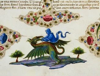 Gränsfris längst ned på sidan med genifigur och bevingat monster, Volym II f 198, v, Bibeln från Borso d