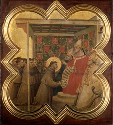 Sankt Franciskus av Assisis liv: Innocentius III bekräftar franciskanerstyret 1210 - tempera på trä