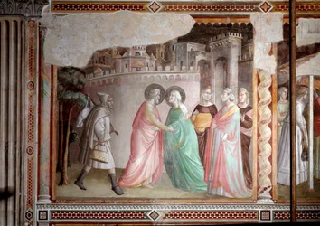 Jungfruns liv: möte mellan Joachim och Anne vid den gyllene porten (fresk, ca 1327)