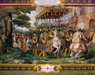 Francis I välkomnar Karl V och kardinal Alessio Farnese i Paris, av Taddeo Zuccari (1529-1566), Palazzo Farnese, Caprarola, Italien