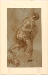 Soldat Running: Studie för figur i vänster förgrund, "Betrayal of Christ," Rom, S. Maria della Consolazione, Matttei Chapel; Separata studier av två huvuden