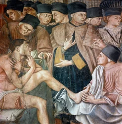 Vård av sjuka på ett sjukhus, sjuksköterskor tvätta fötterna på en pelerin sår "" Detalj. Fresk av Taddeo di Bartolo (1363-1422) Siena från 1300-talet, sjukhuset Santa Maria della Scala