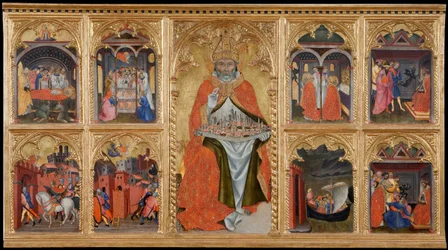 ""San Gimignano tronant"" (Saint Geminien av Modena, 312-397) Tempera på trä av Taddeo di Bartolo (1362-1422)