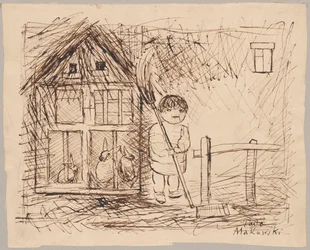 Barn under en bur med kaniner