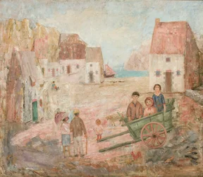 Stadslandskap med barn i en kärra