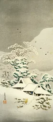 Scen i snö i Sawatari i Joshu-distriktet, cirka 1930, av Takahashi Shotei (1871-1945), o-tanzaku-formad träsnitt, 38,1 x 17,1 cm, japansk civilisation, Meiji-Showa-perioden