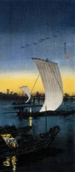 Sekiyado kvällsvy, ca 1930 (O-tanzaku träsnitt)
